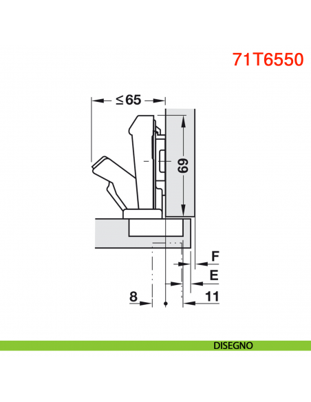 Cerniera Blum 71T6550 Clip Top a battuta con molla apertura 170 gradi - disegno