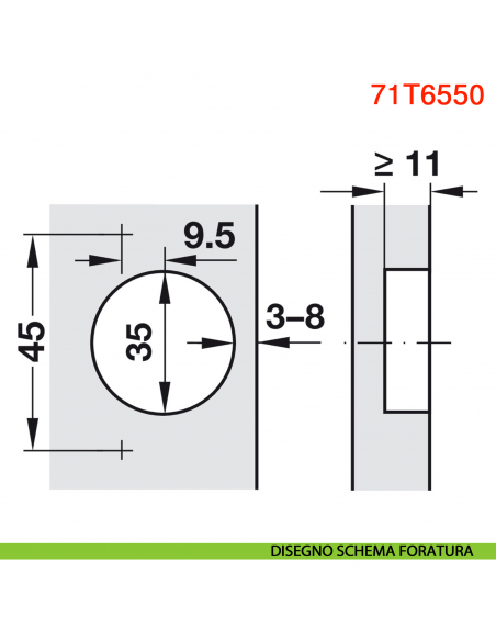 Cerniera Blum 71T6550 Clip Top a battuta con molla apertura 170 gradi - disegno schema di foratura