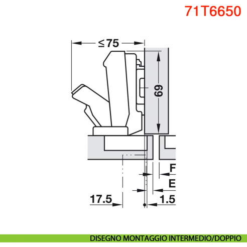Cerniera Blum 71T6650 Clip Top mezza battuta con molla apertura 170 gradi - disegno montaggio intermedio/doppio
