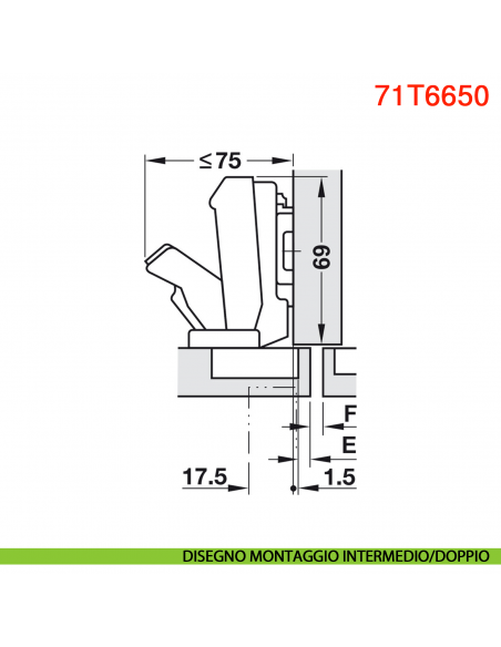 Cerniera Blum 71T6650 Clip Top mezza battuta con molla apertura 170 gradi - disegno montaggio intermedio/doppio