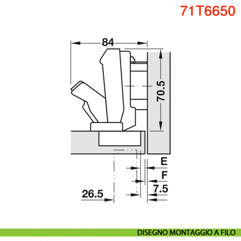 Cerniera Blum 71T6650 Clip Top mezza battuta con molla apertura 170 gradi - disegno montaggio a filo