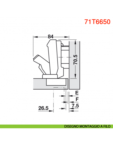 Cerniera Blum 71T6650 Clip Top mezza battuta con molla apertura 170 gradi - disegno montaggio a filo