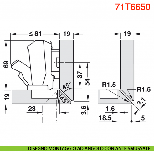 Cerniera Blum 71T6650 Clip Top mezza battuta con molla apertura 170 gradi - disegno montaggio ad angolo con ante smussate