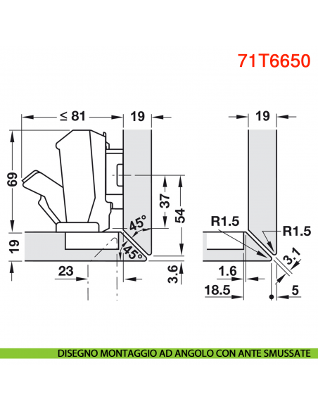 Cerniera Blum 71T6650 Clip Top mezza battuta con molla apertura 170 gradi - disegno montaggio ad angolo con ante smussate