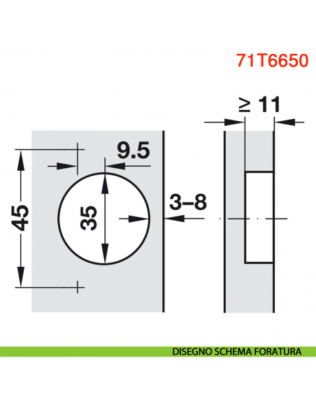 Cerniera Blum 71T6650 Clip Top mezza battuta con molla apertura 170 gradi - disegno schema di foratura