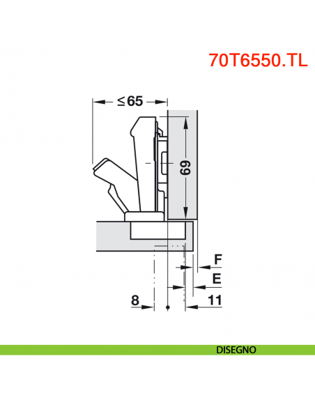 Cerniera Blum 70T6550.TL Clip Top a battuta senza molla apertura 170 gradi - disegno