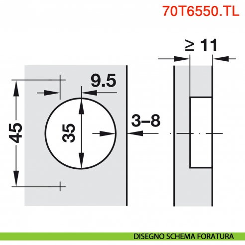 Cerniera Blum 70T6550.TL Clip Top a battuta senza molla apertura 170 gradi - disegno schema di foratura