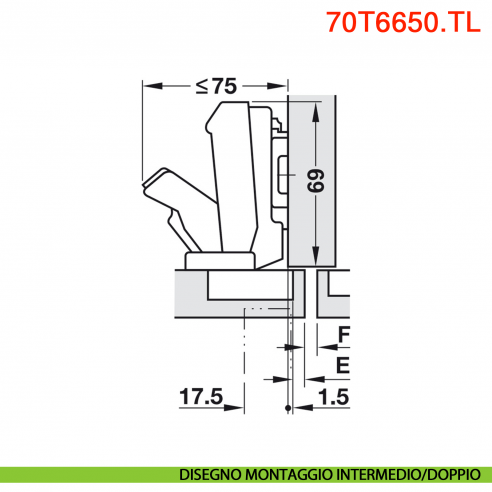 Cerniera Blum 70T6650.TL Clip Top mezza battuta senza molla apertura 170 gradi - disegno montaggio intermedio/doppio