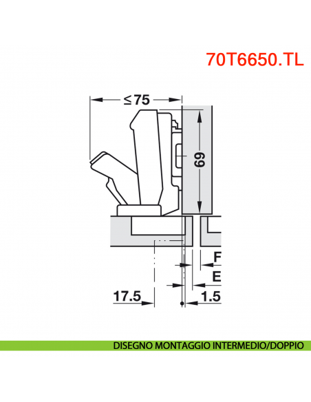 Cerniera Blum 70T6650.TL Clip Top mezza battuta senza molla apertura 170 gradi - disegno montaggio intermedio/doppio