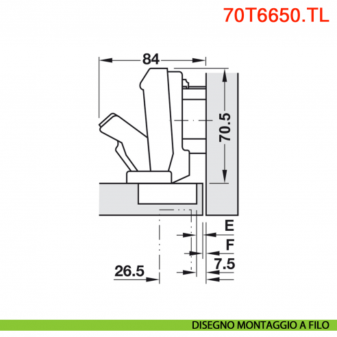 Cerniera Blum 70T6650.TL Clip Top mezza battuta senza molla apertura 170 gradi - disegno montaggio a filo