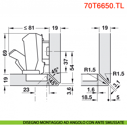 Cerniera Blum 70T6650.TL Clip Top mezza battuta senza molla apertura 170 gradi - disegno montaggio ad angolo con ante smussate