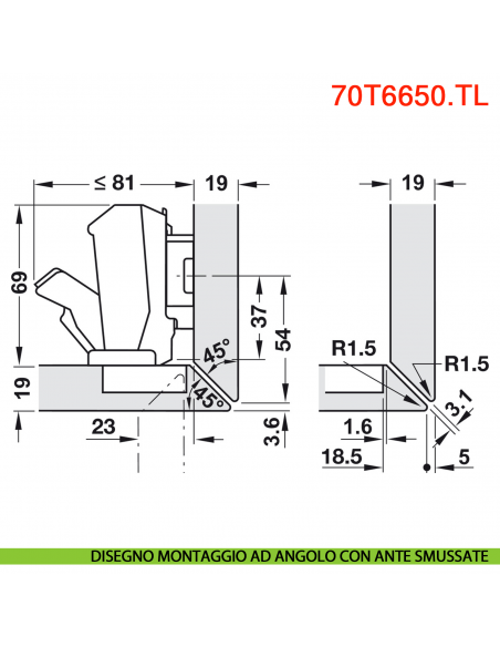 Cerniera Blum 70T6650.TL Clip Top mezza battuta senza molla apertura 170 gradi - disegno montaggio ad angolo con ante smussate