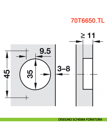 Cerniera Blum 70T6650.TL Clip Top mezza battuta senza molla apertura 170 gradi - disegno schema di foratura