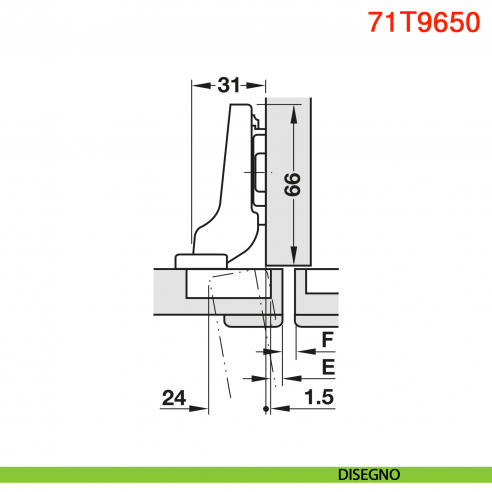 Cerniera Blum 71T9650 Clip Top per ante con profilati mezza battuta con molla apertura 95 gradi - disegno