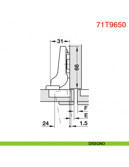 Cerniera Blum 71T9650 Clip Top per ante con profilati mezza battuta con molla apertura 95 gradi - disegno