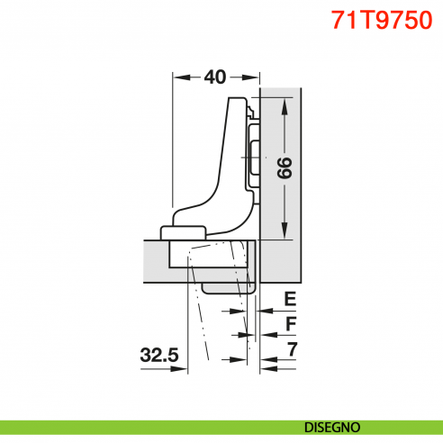 Cerniera Blum 71T9750 Clip Top per ante con profilati battuta interna con molla apertura 95 gradi - disegno