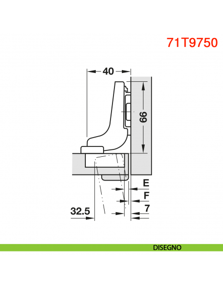 Cerniera Blum 71T9750 Clip Top per ante con profilati battuta interna con molla apertura 95 gradi - disegno
