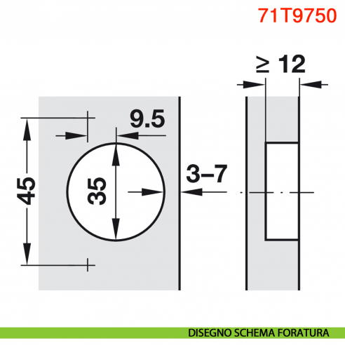 Cerniera Blum 71T9750 Clip Top per ante con profilati battuta interna con molla apertura 95 gradi - disegno schema di foratura