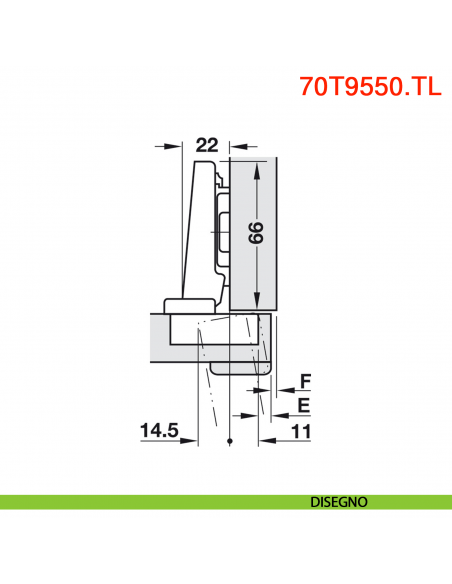 Cerniera Blum 70T9550.TL Clip Top per ante con profilati a battuta senza molla apertura 95 gradi - disegno