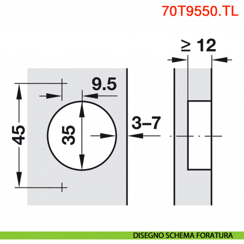 Cerniera Blum 70T9550.TL Clip Top per ante con profilati a battuta senza molla apertura 95 gradi - disegno schema di foratura