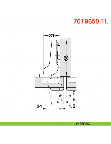 Cerniera Blum 70T9650.TL Clip Top per ante con profilati mezza battuta senza molla apertura 95 gradi - disegno