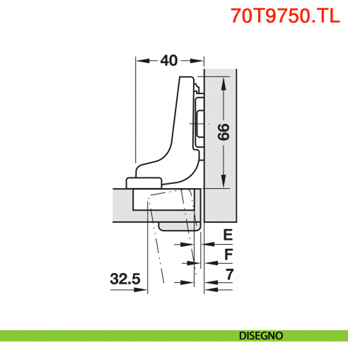 Cerniera Blum 70T9750.TL Clip Top per ante con profilati battuta interna senza molla apertura 95 gradi - disegno