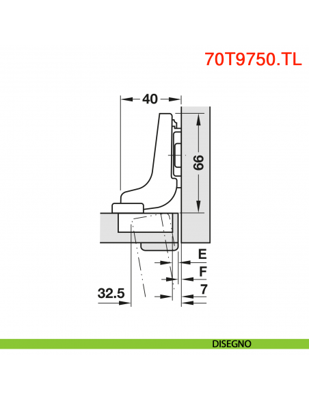 Cerniera Blum 70T9750.TL Clip Top per ante con profilati battuta interna senza molla apertura 95 gradi - disegno