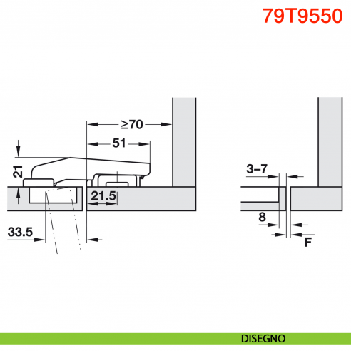 Cerniera Blum 79T9550 Clip Top per mobili con colonna a filo con molla apertura 95 gradi - disegno