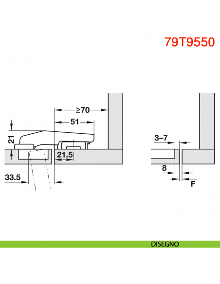 Cerniera Blum 79T9550 Clip Top per mobili con colonna a filo con molla apertura 95 gradi - disegno