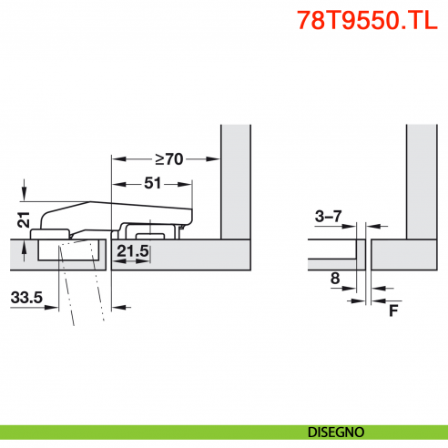 Cerniera Blum 78T9550.TL Clip Top per mobili con colonna a filo senza molla apertura 95 gradi - disegno