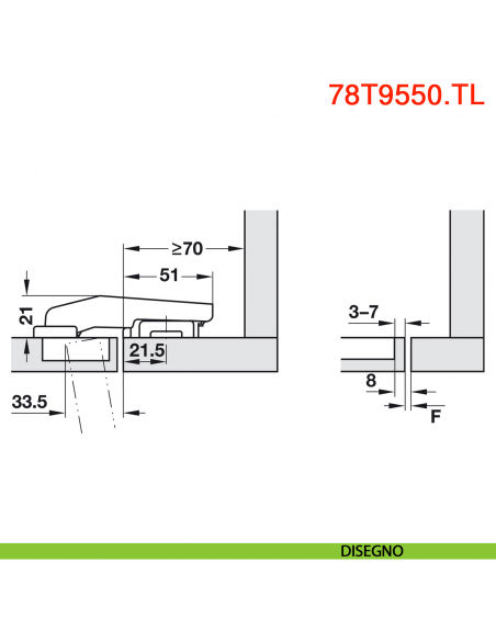 Cerniera Blum 78T9550.TL Clip Top per mobili con colonna a filo senza molla apertura 95 gradi - disegno