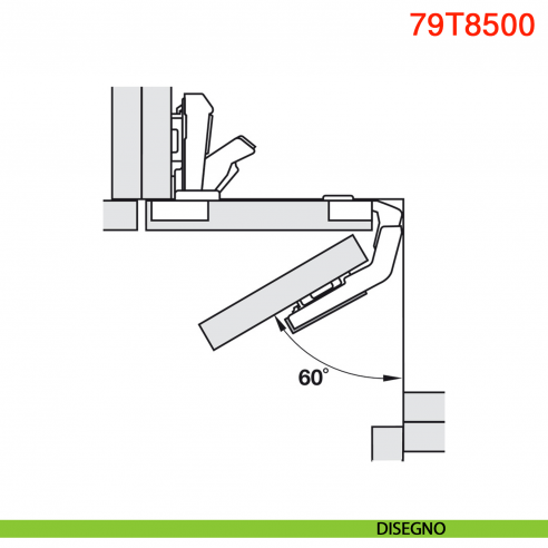 Cerniera Blum 79T8500 Clip Top per mobili ad angolo con ante a soffietto con molla apertura 60 gradi - disegno