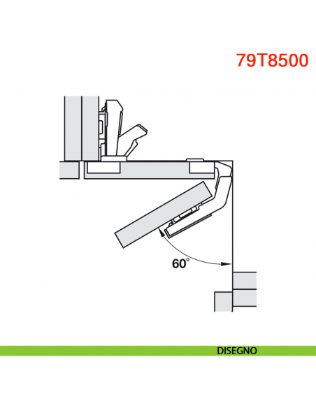 Cerniera Blum 79T8500 Clip Top per mobili ad angolo con ante a soffietto con molla apertura 60 gradi - disegno