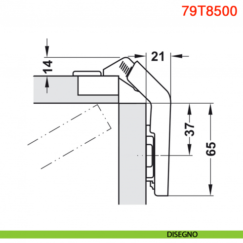 Cerniera Blum 79T8500 Clip Top per mobili ad angolo con ante a soffietto con molla apertura 60 gradi - disegno