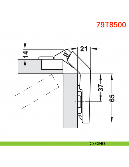 Cerniera Blum 79T8500 Clip Top per mobili ad angolo con ante a soffietto con molla apertura 60 gradi - disegno