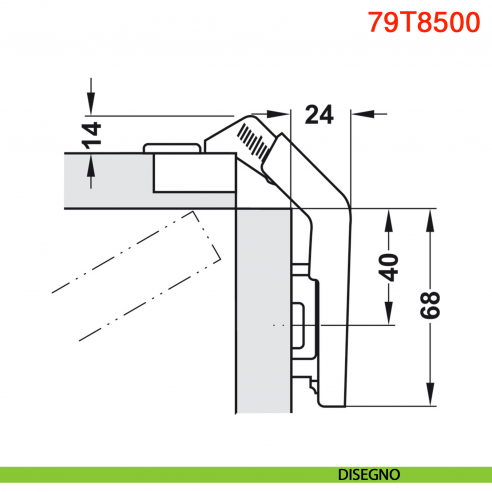 Cerniera Blum 79T8500 Clip Top per mobili ad angolo con ante a soffietto con molla apertura 60 gradi - disegno