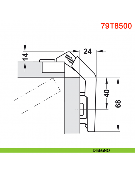 Cerniera Blum 79T8500 Clip Top per mobili ad angolo con ante a soffietto con molla apertura 60 gradi - disegno