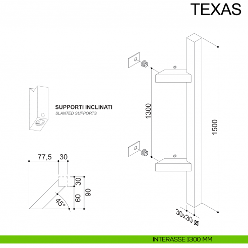 Maniglione zancato quadrato in acciaio per porta 30x30 mm Texas Fimet Inox disegno interasse 300 mm disegno interasse 1300 mm
