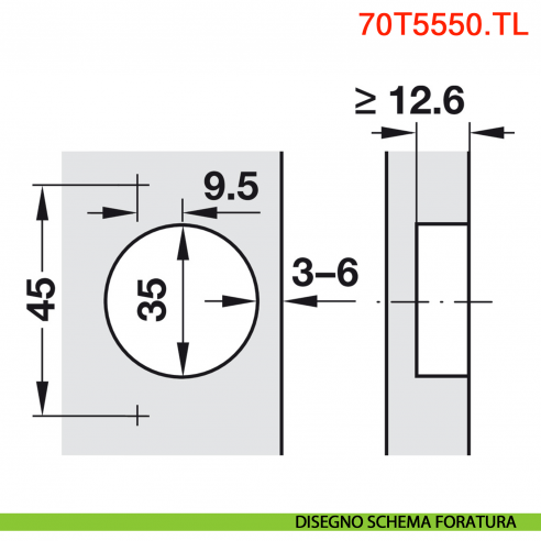 Cerniera Blum 70T5550.TL Clip Top a battuta senza molla apertura 120 gradi - disegno schema di foratura