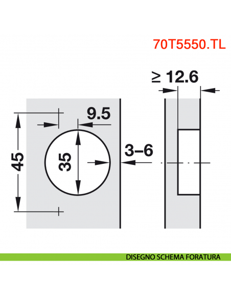 Cerniera Blum 70T5550.TL Clip Top a battuta senza molla apertura 120 gradi - disegno schema di foratura