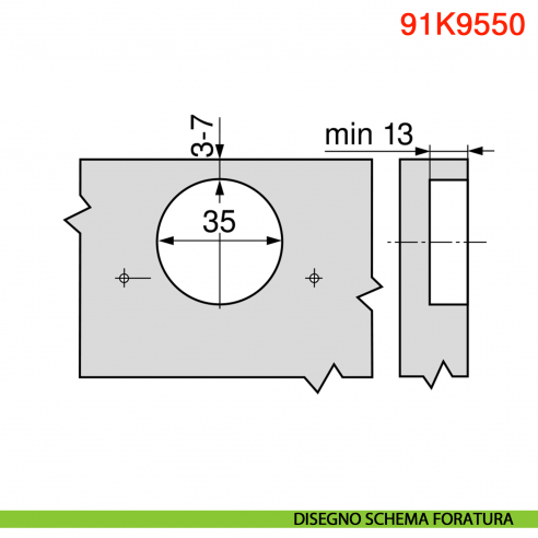 Cerniera Blum 91K9550 Modul per anta per frigorifero con molla apertura 95 gradi - disegno schema di foratura