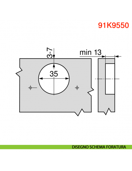 Cerniera Blum 91K9550 Modul per anta per frigorifero con molla apertura 95 gradi - disegno schema di foratura
