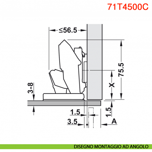 Cerniera per anta in vetro Blum 71T4500C Clip Top con molla apertura 110 gradi