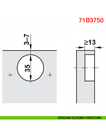 Cerniera Blum 71B3750 Clip Top Blumotion battuta interna ammortizzata apertura 110 gradi - disegno schema di foratura