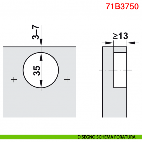 Cerniera Blum 71B3750 Clip Top Blumotion battuta interna ammortizzata apertura 110 gradi nero onice - disegno schema di foratura