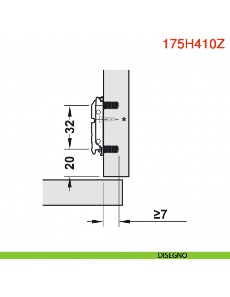 Basetta dritta Blum 175H410Z Clip spessore 0 mm con eccentrico anta battuta doppia montaggio con viti euro premontate - disegno