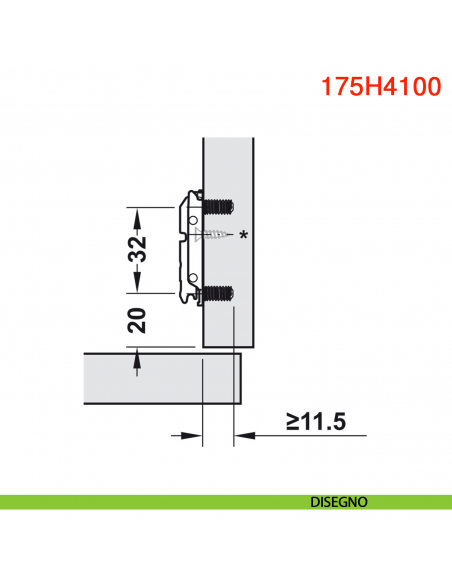 Basetta dritta Blum 175H4100 Clip spessore 0 mm con eccentrico montaggio con viti euro premontate - disegno
