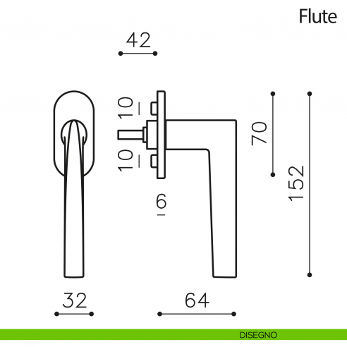 Maniglia per finestra martellina DK Flute Olivari disegno