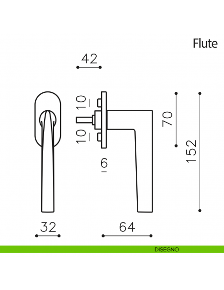 Maniglia per finestra martellina DK Flute Olivari disegno