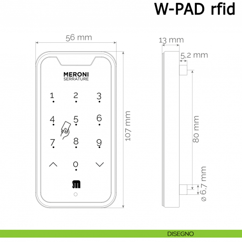 Serratura elettronica per mobile W-PAD RFID Meroni con tastiera numerica e lettore di carte - disegno